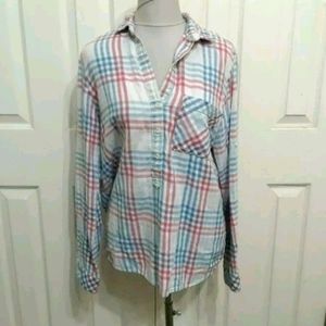 Bella Dahl Pink Blue Plaid Tencel Henley Top